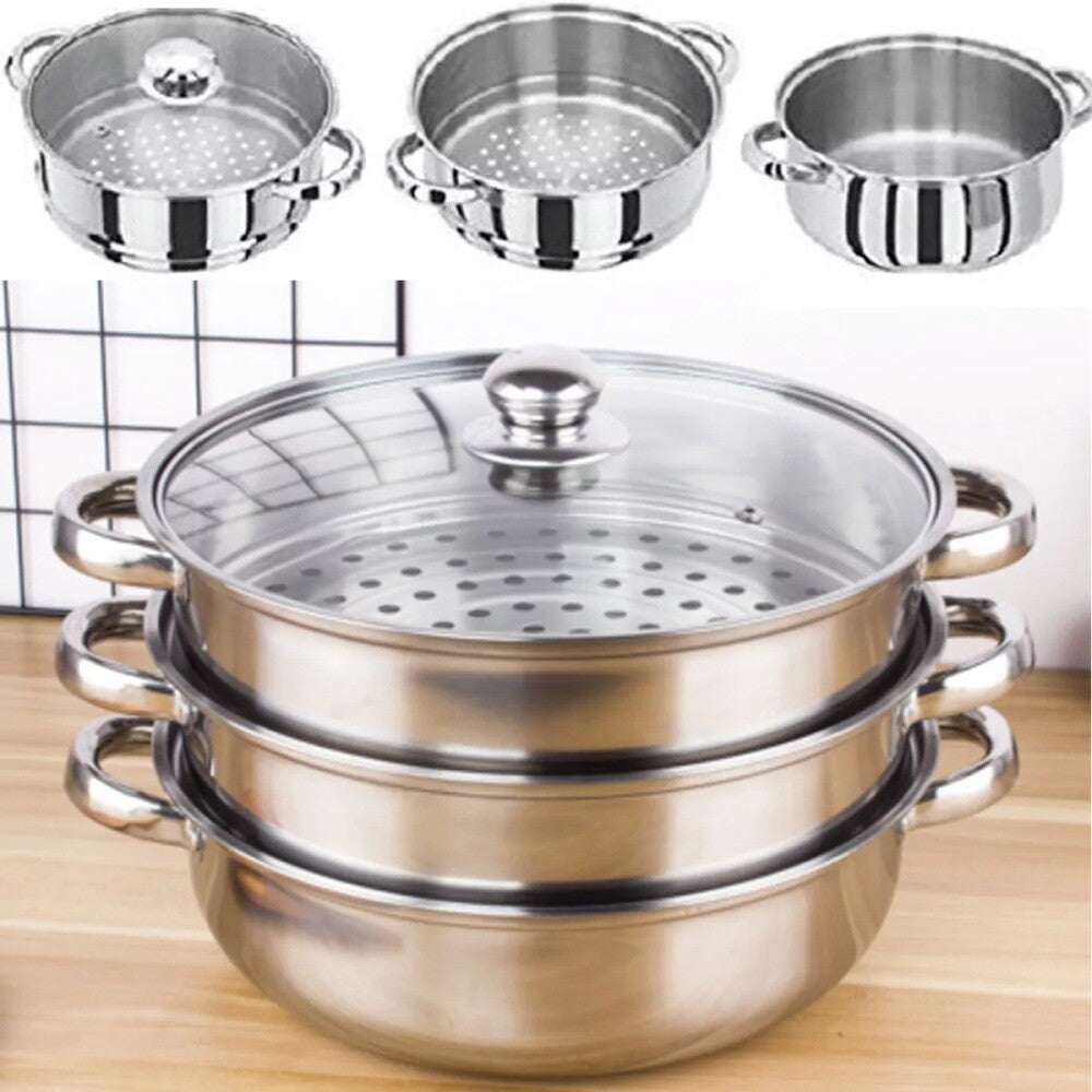 LARGE 28cm 3 Tier Stainless Steel Steam Cooker Steamer Pan Cook Food Veg Pot lid