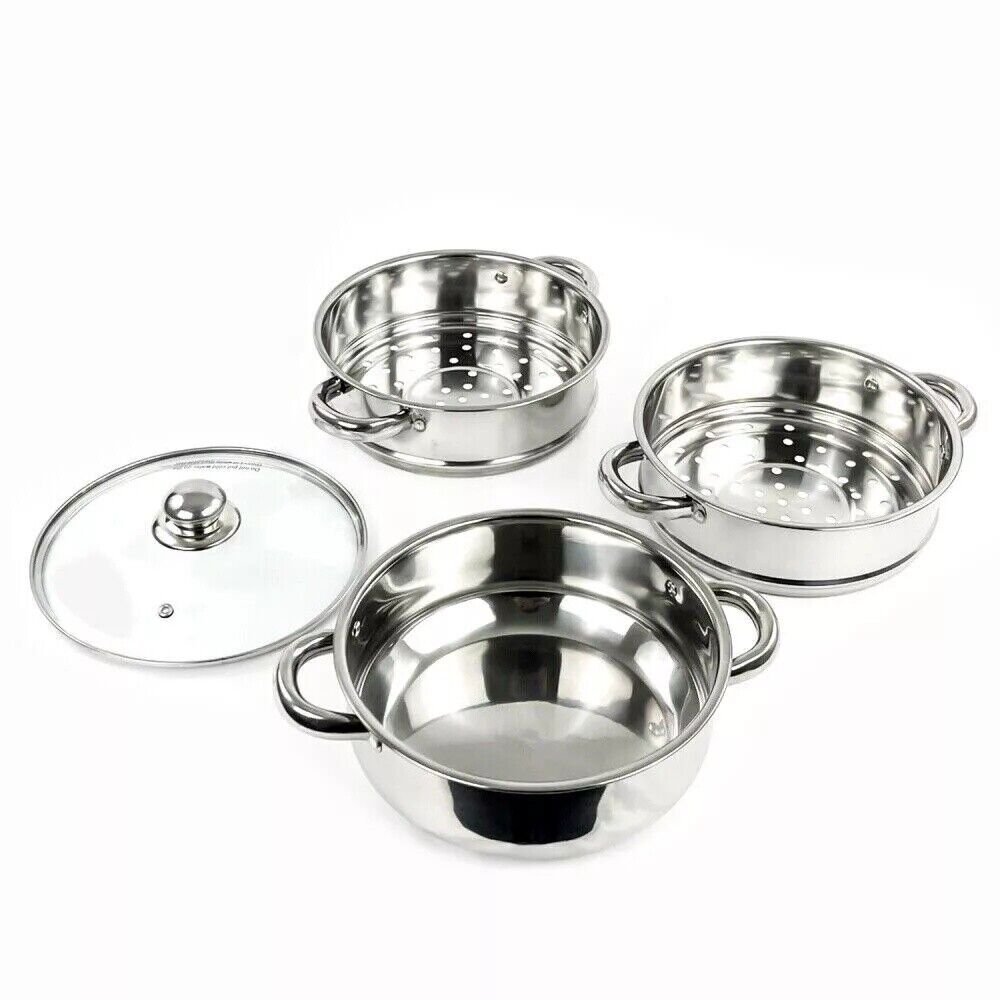 LARGE 28cm 3 Tier Stainless Steel Steam Cooker Steamer Pan Cook Food Veg Pot lid