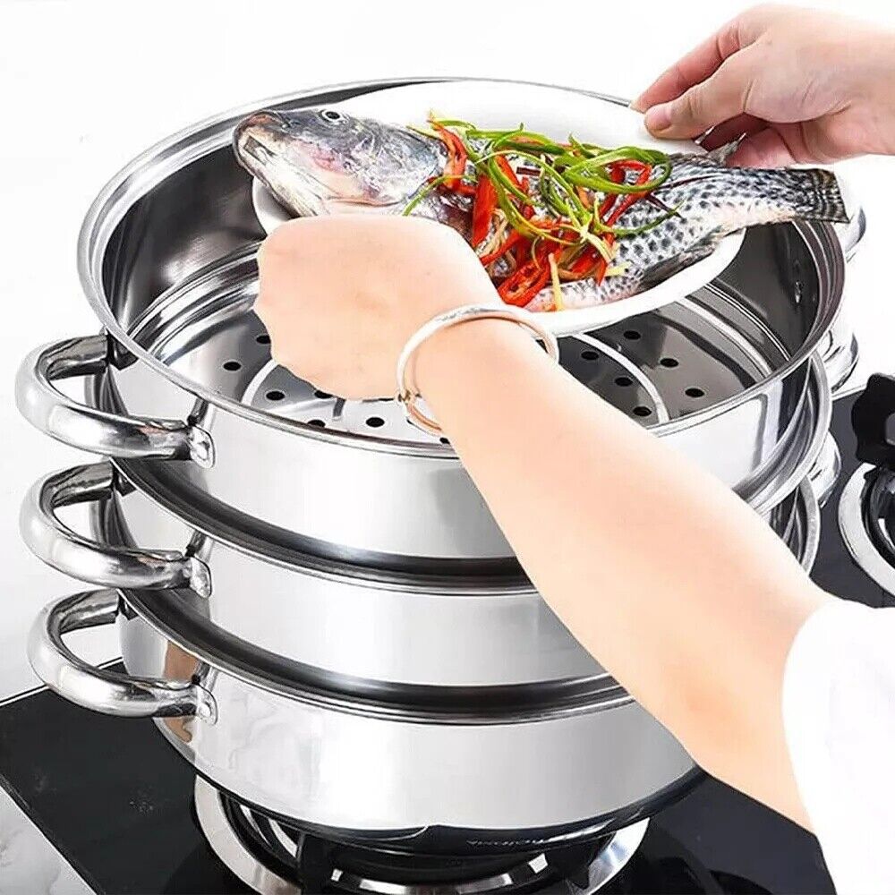 LARGE 28cm 3 Tier Stainless Steel Steam Cooker Steamer Pan Cook Food Veg Pot lid