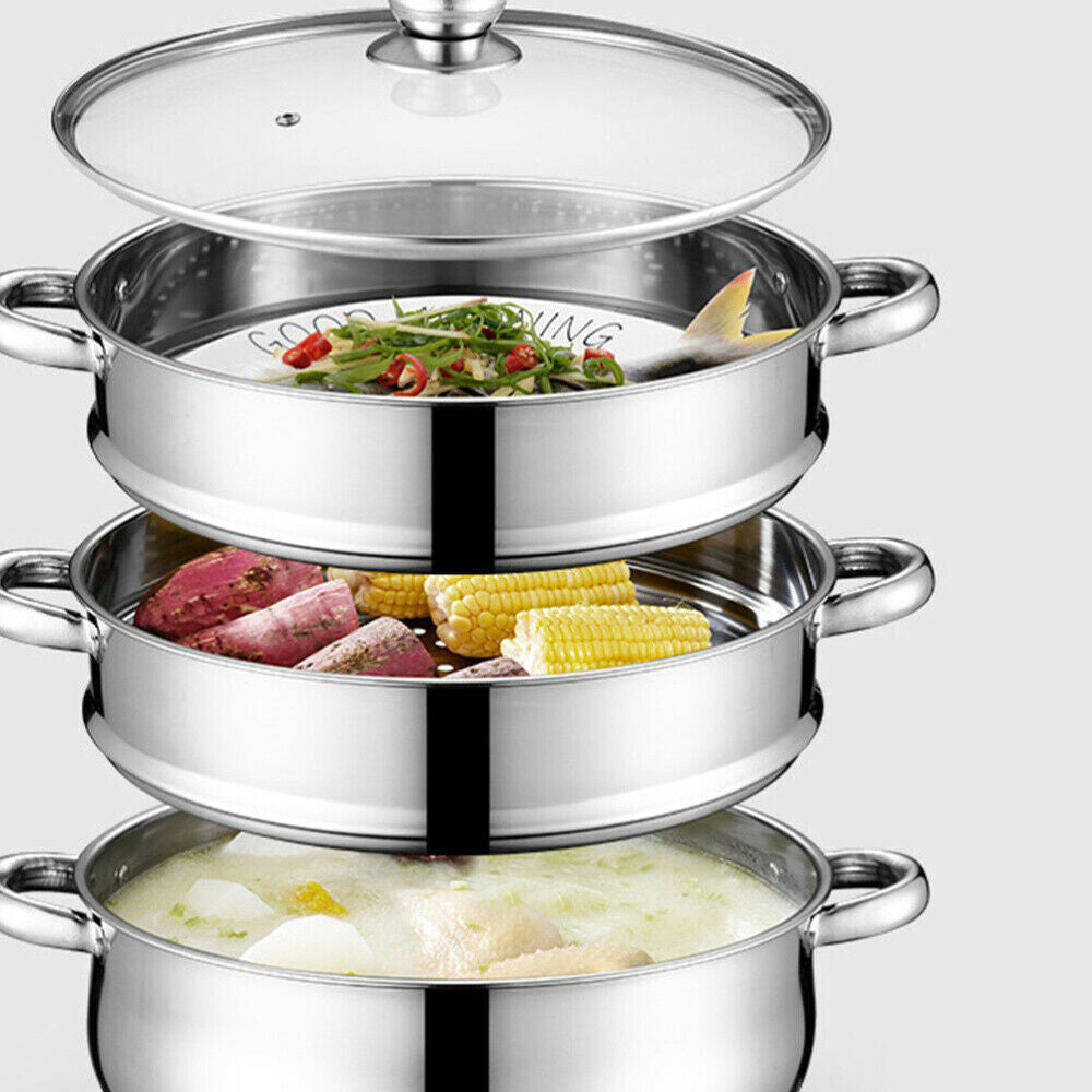 LARGE 28cm 3 Tier Stainless Steel Steam Cooker Steamer Pan Cook Food Veg Pot lid