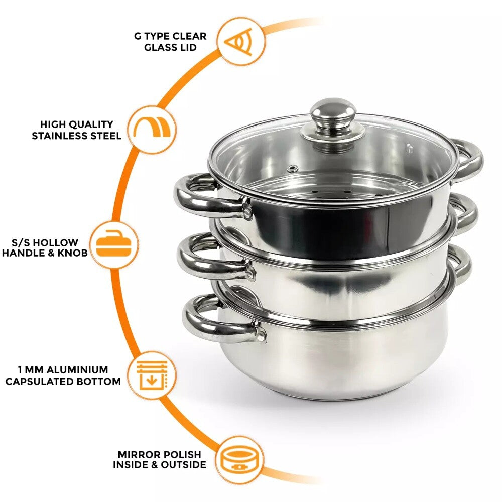 LARGE 28cm 3 Tier Stainless Steel Steam Cooker Steamer Pan Cook Food Veg Pot lid