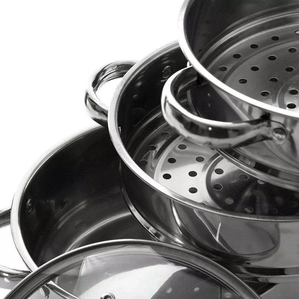 LARGE 28cm 3 Tier Stainless Steel Steam Cooker Steamer Pan Cook Food Veg Pot lid
