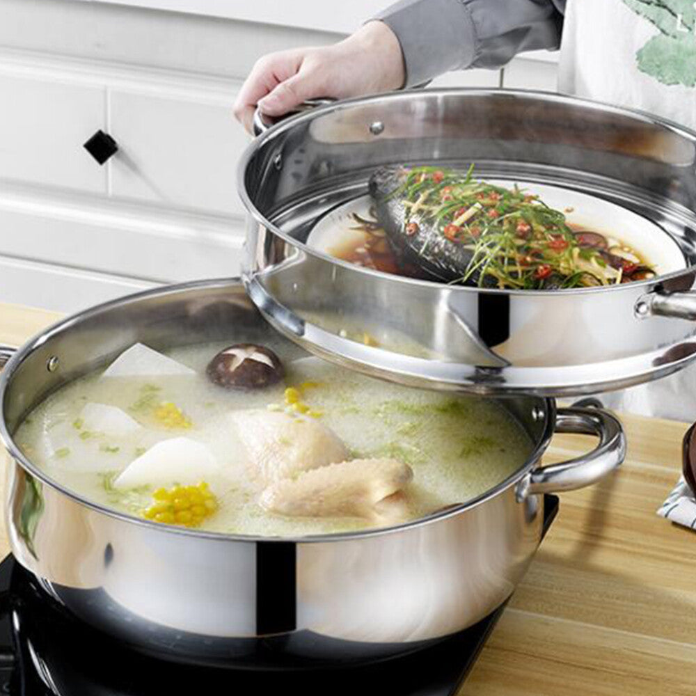 LARGE 28cm 3 Tier Stainless Steel Steam Cooker Steamer Pan Cook Food Veg Pot lid